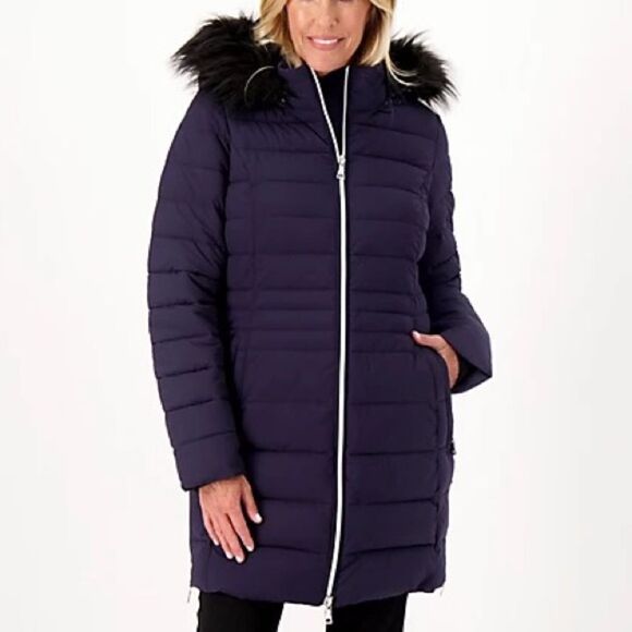 Nuage Stretch Removable Faux Fur Trim Hood Puffer Coat - Picture 1 of 7